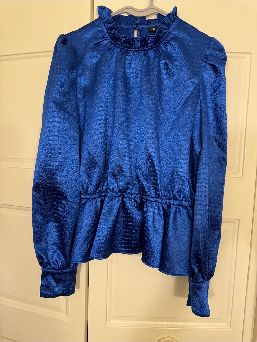 NWT INC Shiny Cobalt Blue Ruffle-Neck Peplum Blouse